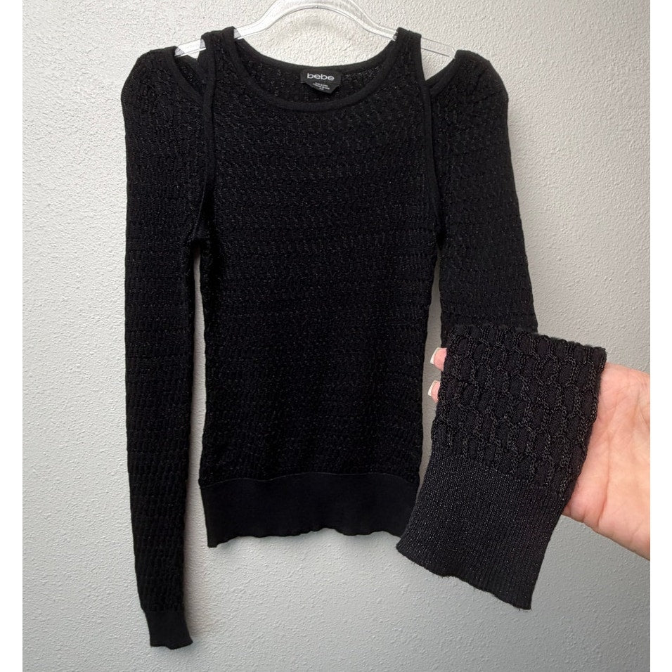 Bebe Black Shimmer Cold Shoulder Knit Sweater Women's Medium