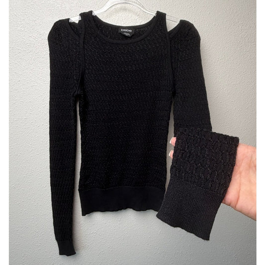 Bebe Black Shimmer Cold Shoulder Knit Sweater Women's Medium