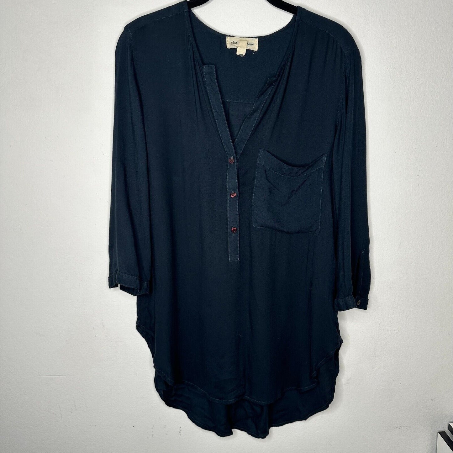 Cloth & Stone Black Henley Half-Button Long Sleeve V-Neck Shirt Tail Hem Top SM