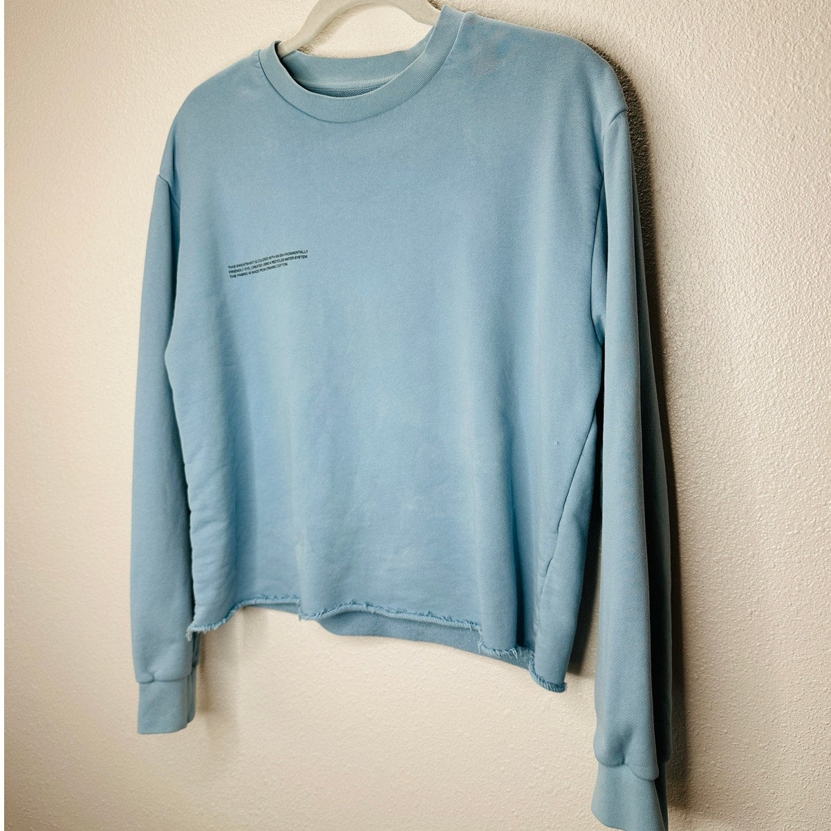 Pangaia Light Blue Long Sleeve Raw Cut Cropped Hem Round Neck Sweater S