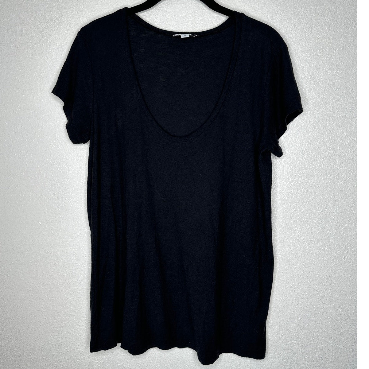 James Perse Black Deep V Round Neck Slub Tee Shirt Cap Sleeve Top 3 / L