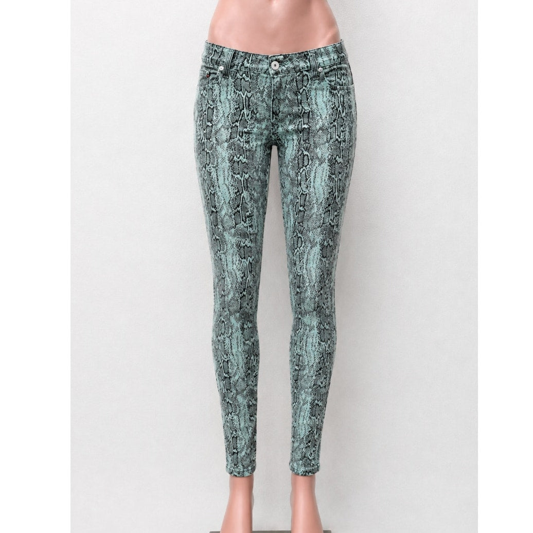 Hudson Aqua Teal & Black Snakeprint Nico Super Skinny Midrise Jean 26