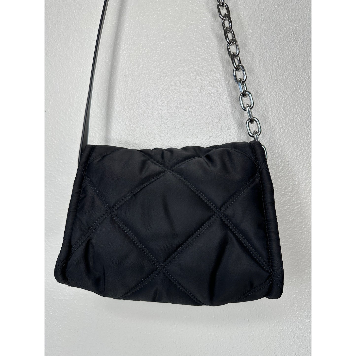 BYL Small Black Padded Nylon Crossbody Bag Leather & Chain Strap