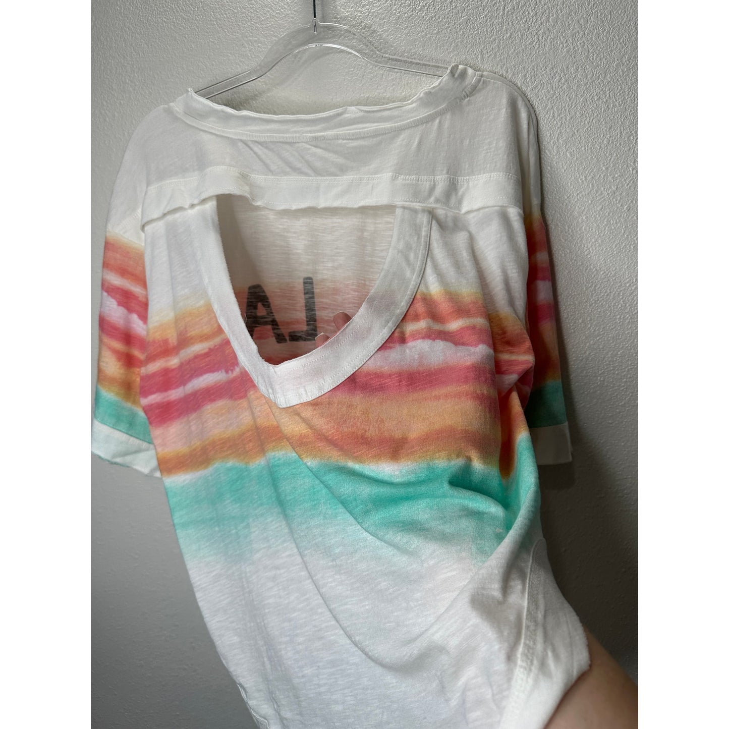 Daily Practice Ivory Peach Teal Striped LA logo High Low Tee XXS