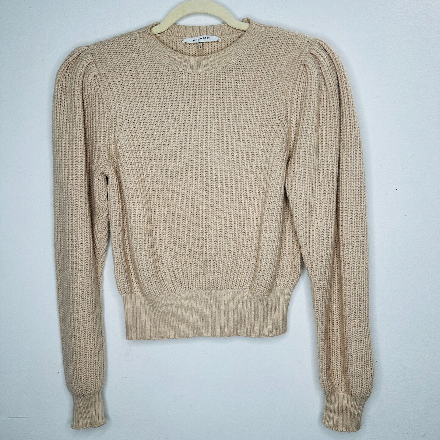 Frame Tan Ribbed Cable Knit Crew Neck Balloon Puff-Sleeve Banded Crop Sweater XS