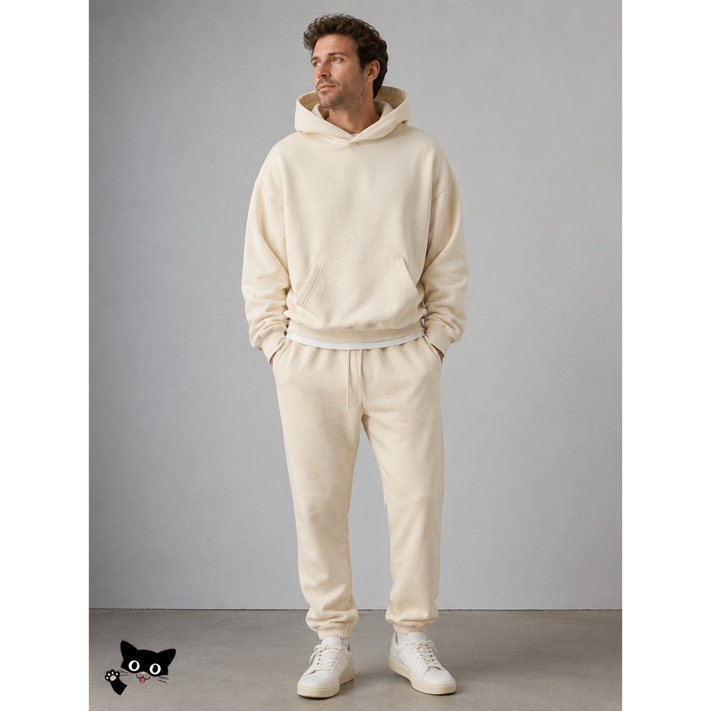 Les Tien Mens Cream Pullover Hoodie & Matching Sweatpants  Set M