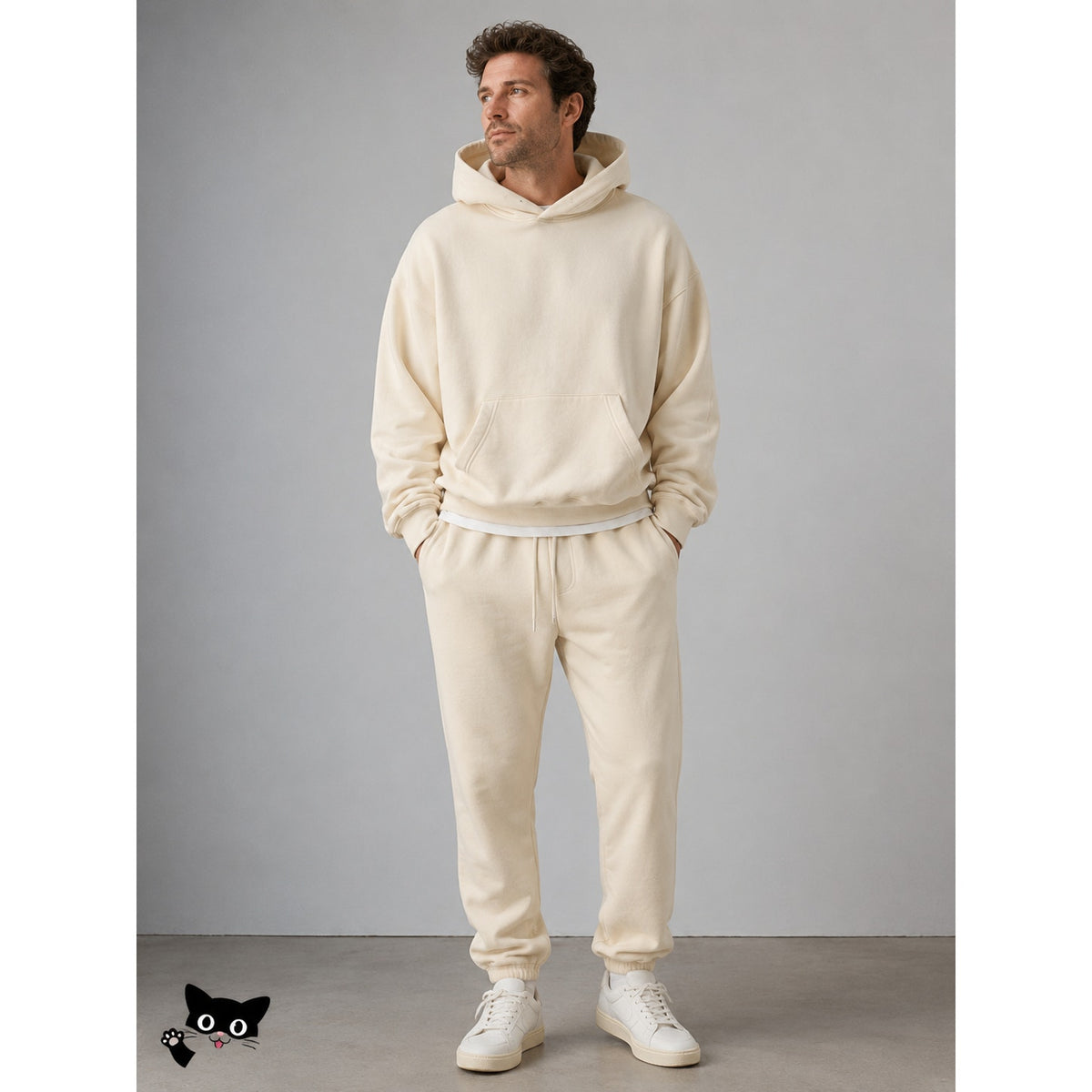 Les Tien Mens Cream Pullover Hoodie & Matching Sweatpants  Set M