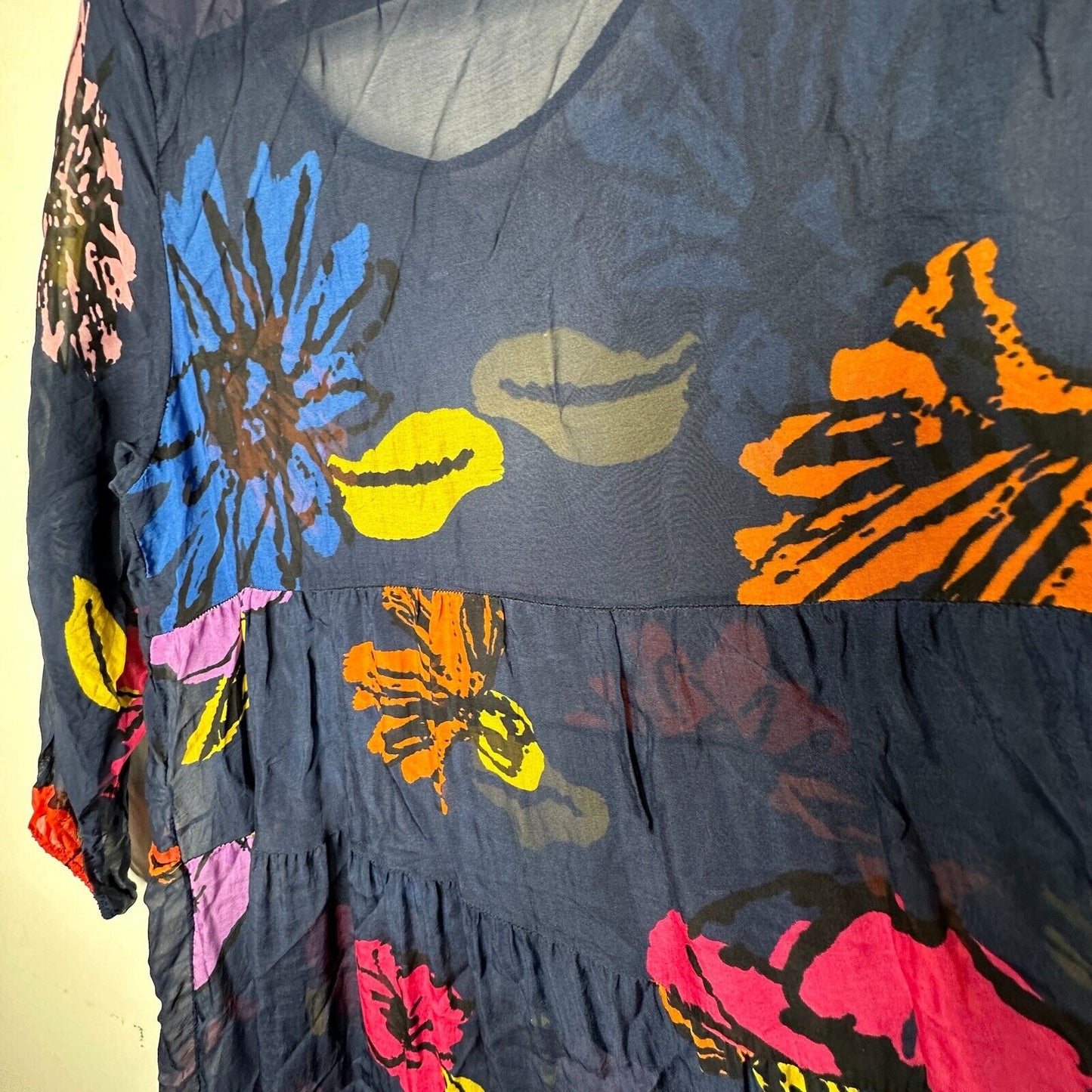 Kate by Laltramoda Sheer Navy Multi Floral Boho Midi Dress 3/4 Sleeve Large