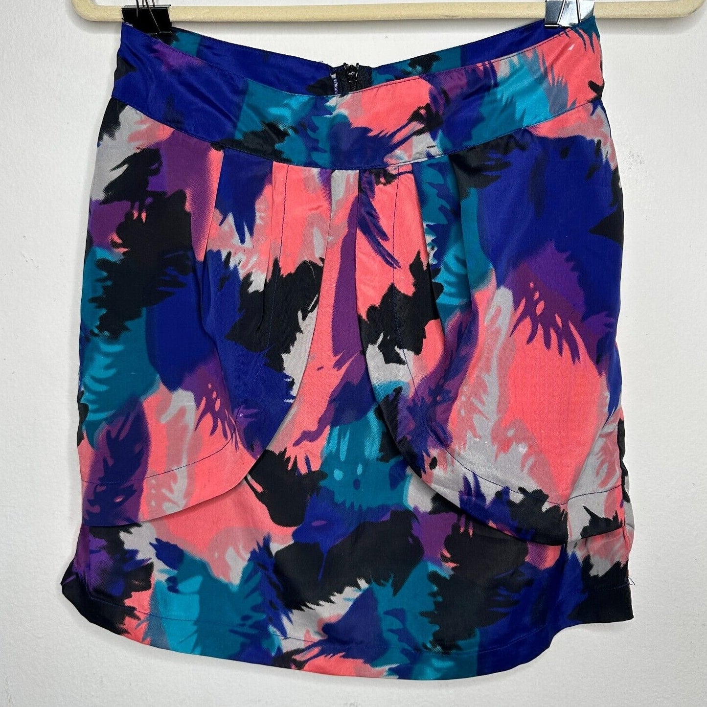 Delicia Satin Purple Pink Blue Geometric Light Side Tulip Zip Back Skirt S