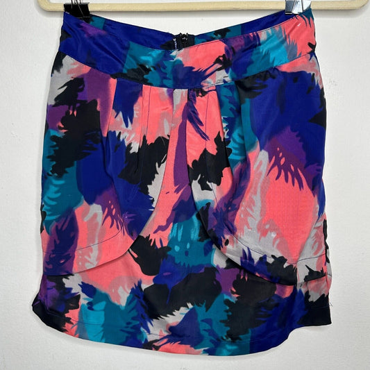 Delicia Satin Purple Pink Blue Geometric Light Side Tulip Zip Back Skirt S