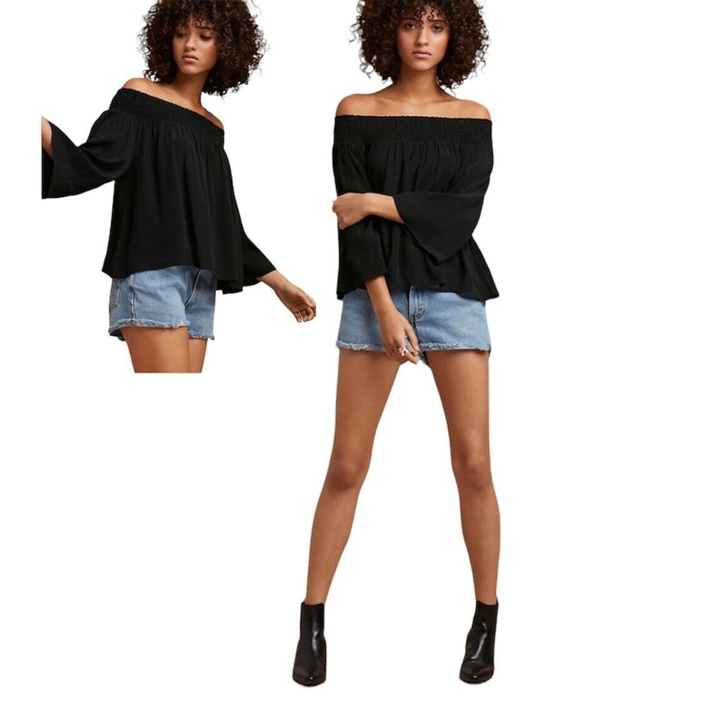 Aritzia Talula Marcilly Off Shoulder Ribbed Black Flowy Blouse Bell Sleeve SM