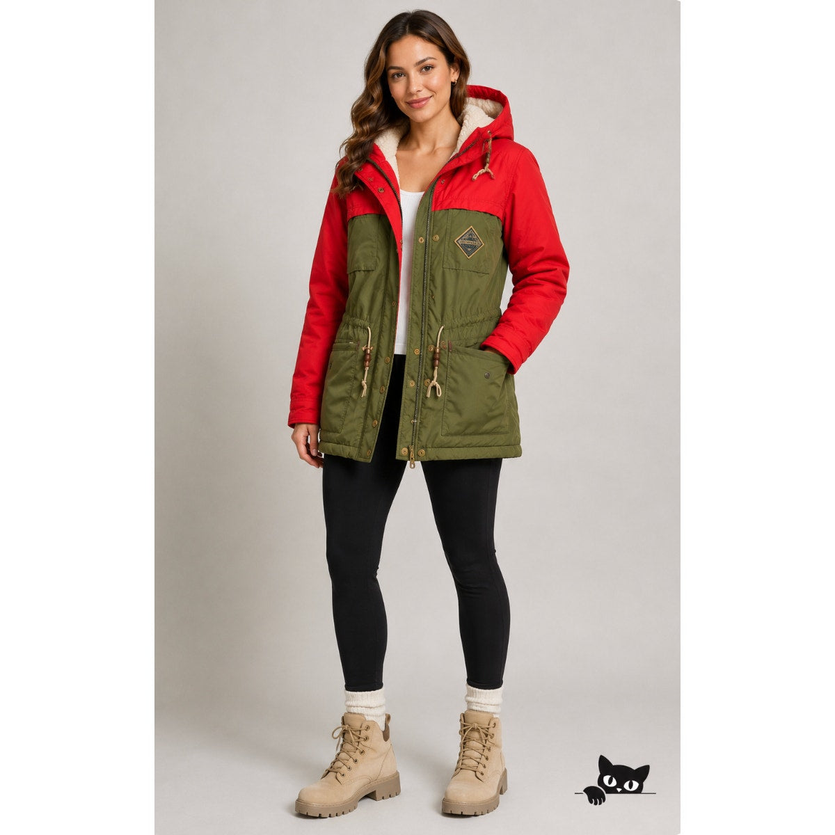Scotch & Soda Olive Green & Red Front Zip Button Hooded Heavyweight Jacket M