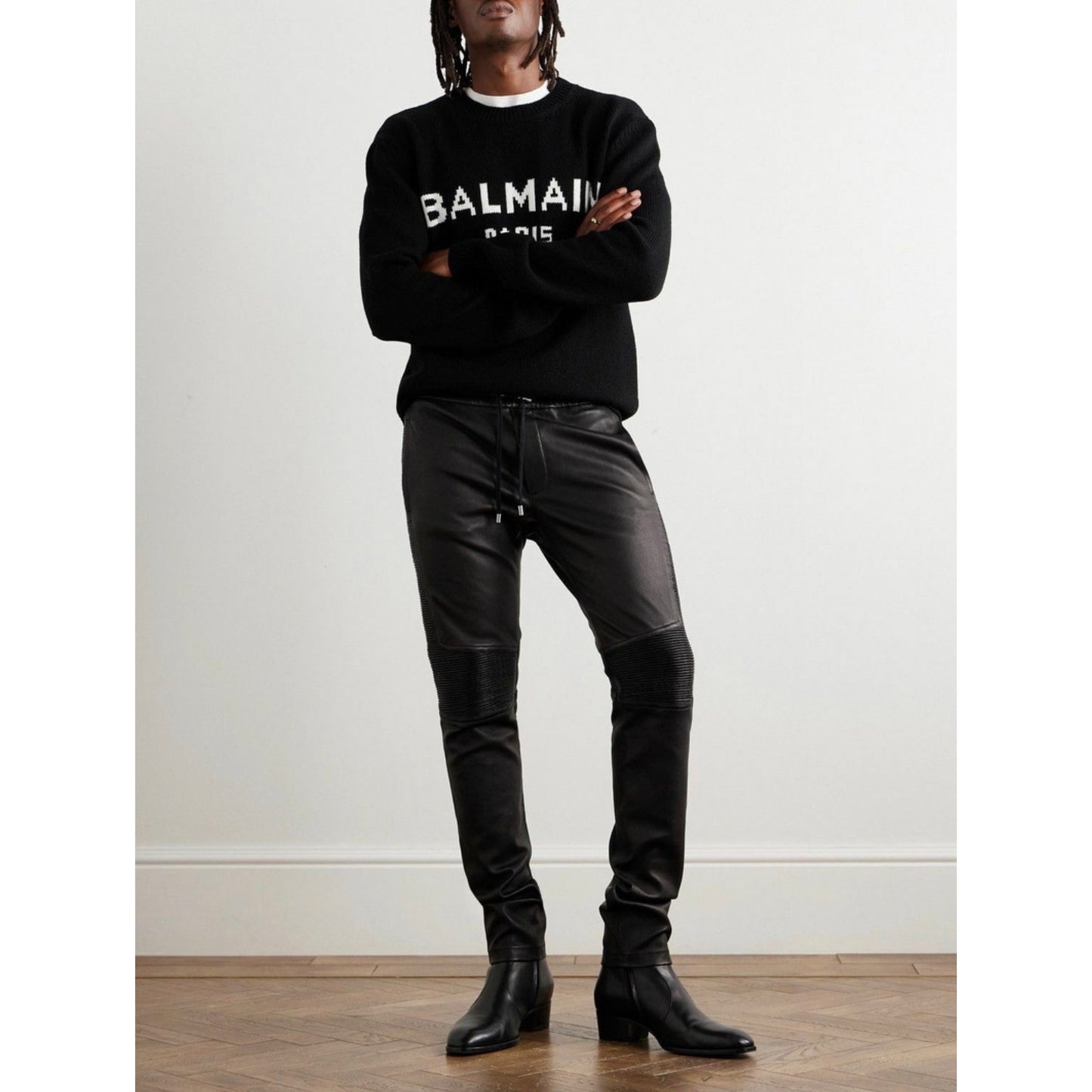 Balmain Lambskin Moto Pants Black Men’s US L Drawstring