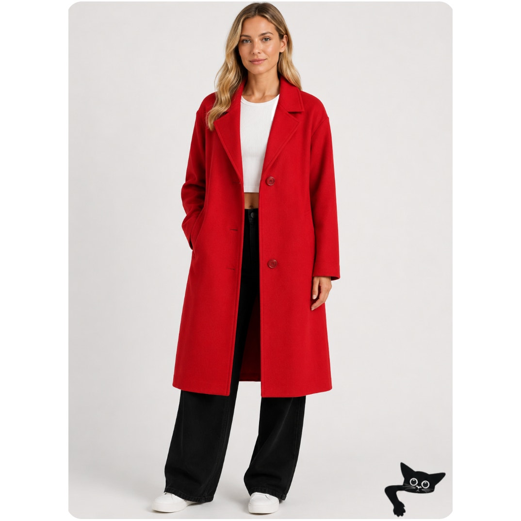 Red Oversized Felt Long Sleeve Single Button Heavy Long Line Jacket Large