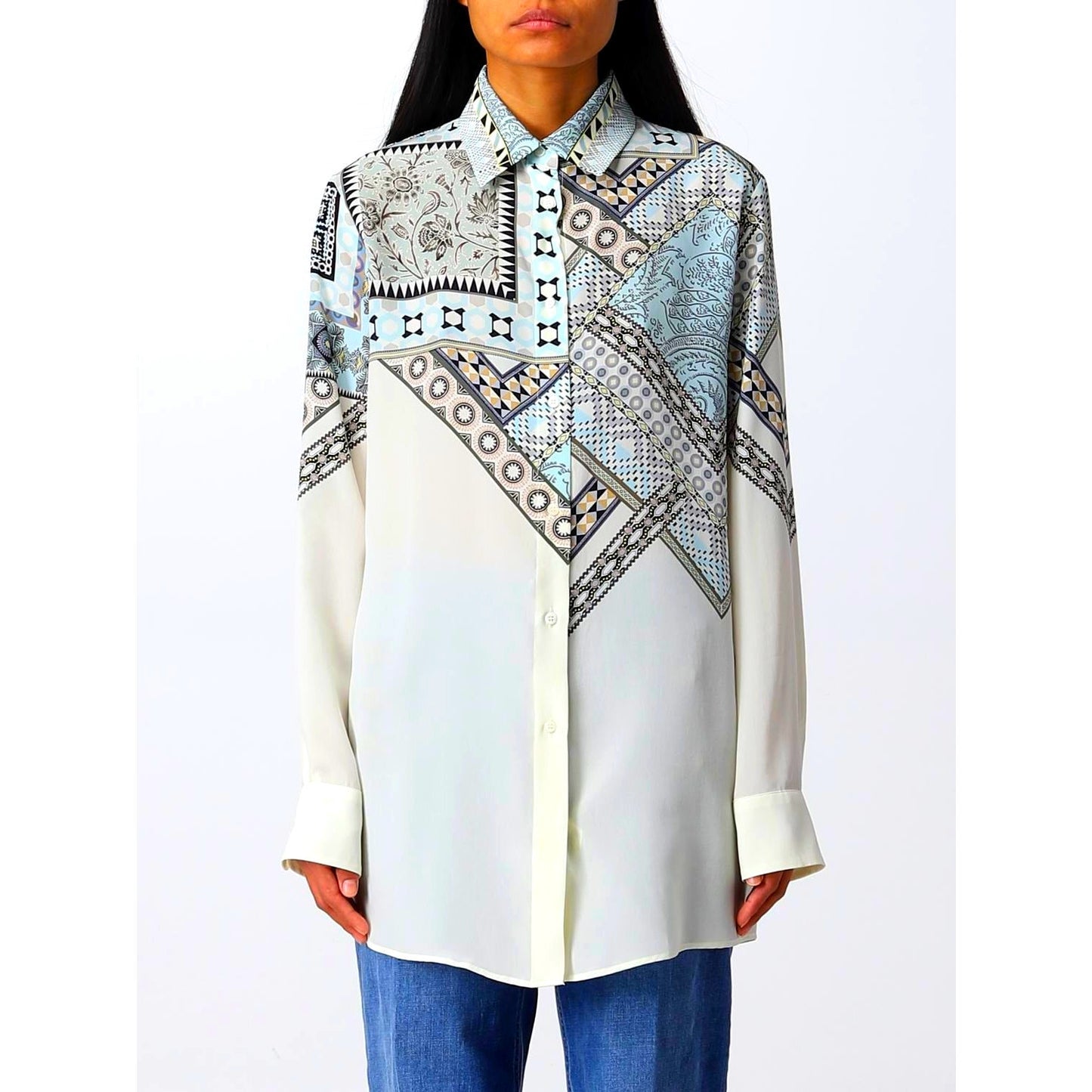 ETRO Pastel Cream Blue Multi Geometric Print Button Collar Silk Blouse  46 / L