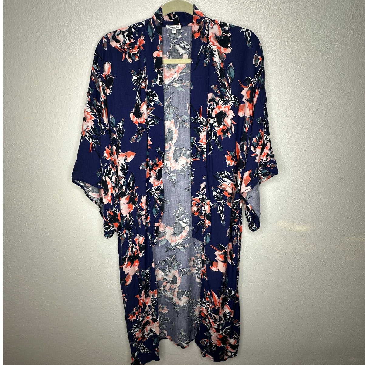 Splendid Navy Orange Ivory Multi Floral Short Sleeve Kimono Duster S