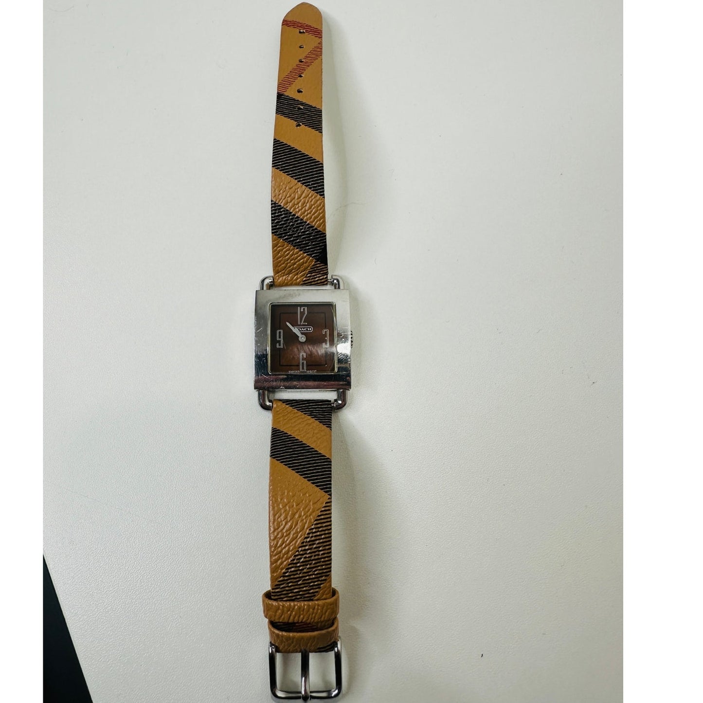 Coach Silver Square Bronze Face Watch Tan Plaid Watchband