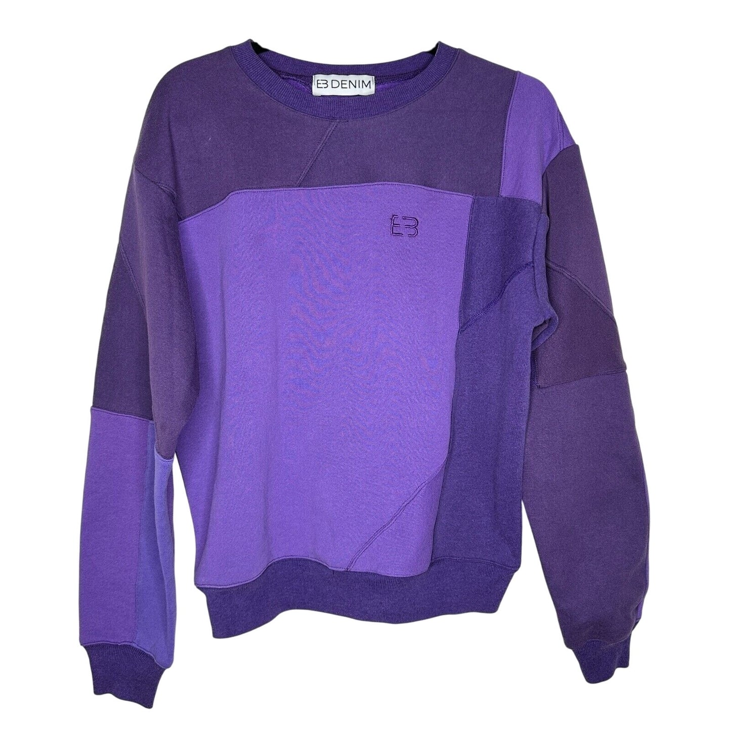 EB Denim Rich Purple Color Block Long Sleeve Crew Sweater Banded Wrist & Hem 1