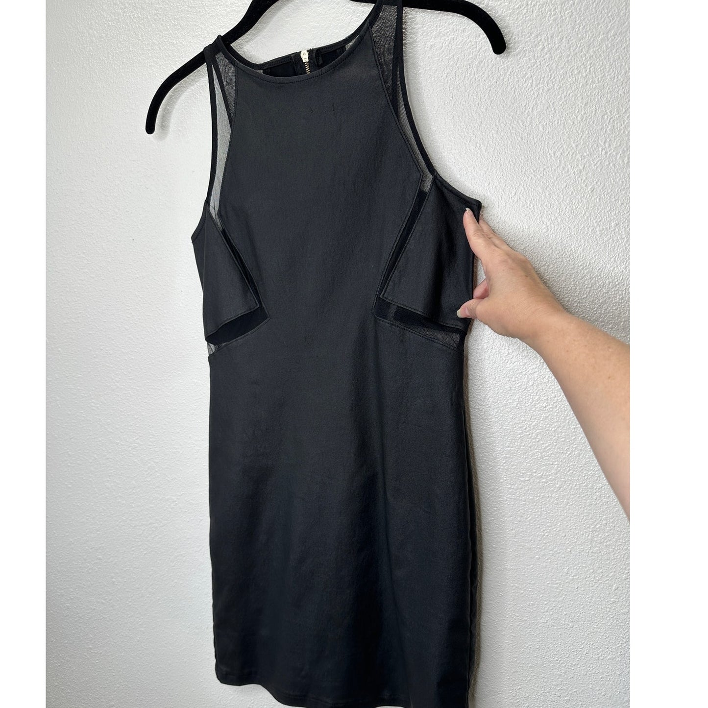 ANGL Black Stretch Faux Leather Mesh Cutouts High Neck Sleeveless Dress M