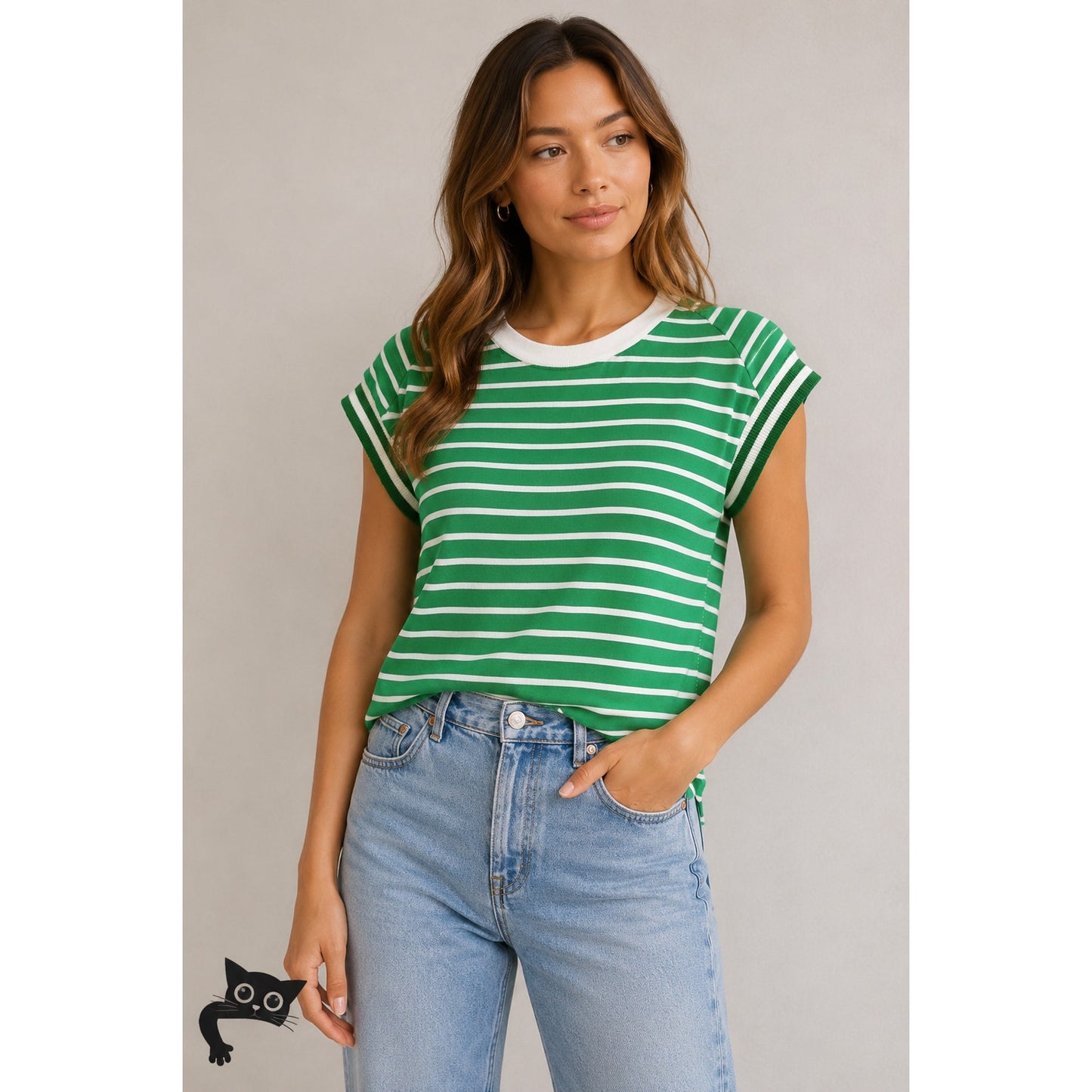 Flying Tomato Sample Driftwood Daydreams Green & White Stripe Knit Top S