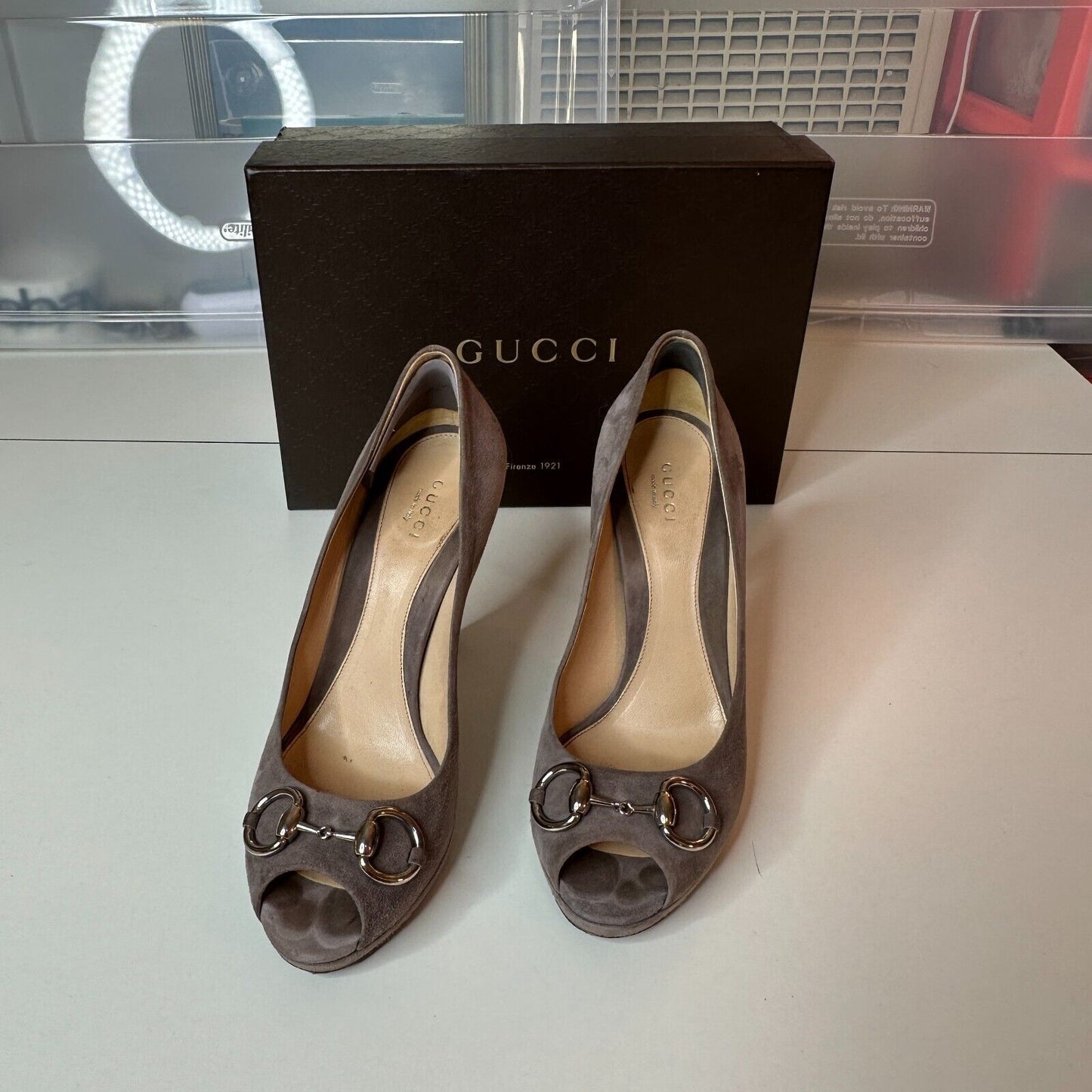 Gucci Kid Scamosciato New Mauve Gray Suede Horsebit Open Toe Stiletto Heel 38