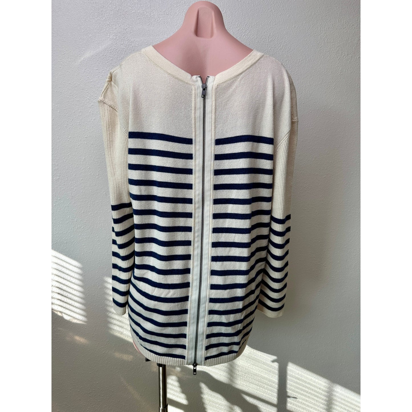 Vince Striped Sweater Cream Navy Women's US L High Low Back Zip