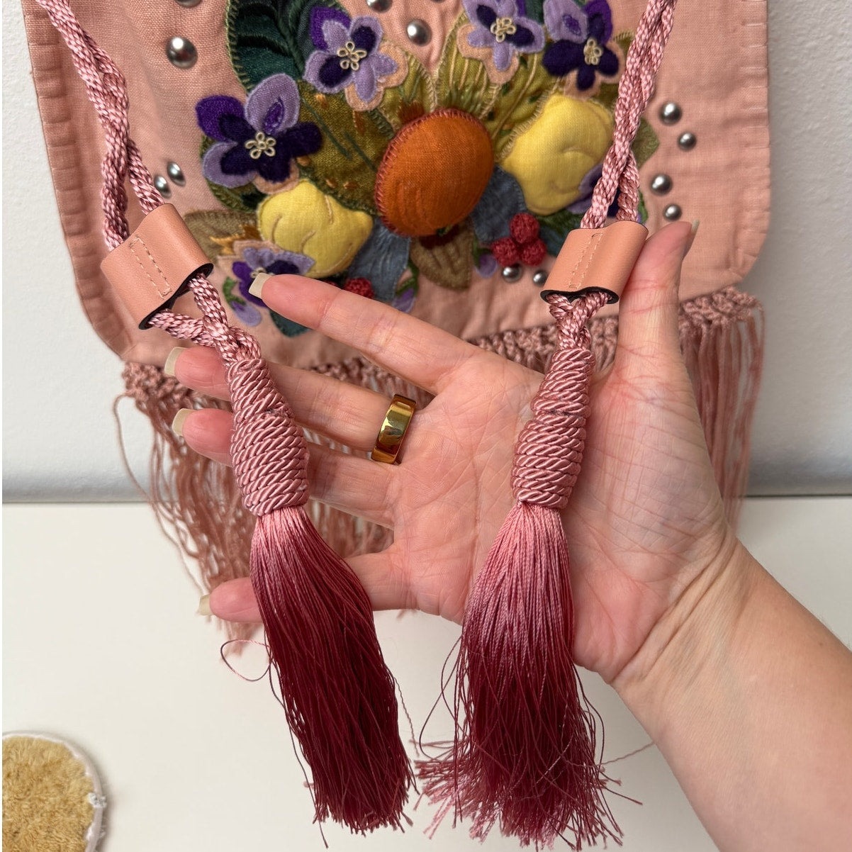 NWOT Valentino Garavani Nellcôte Pink Linen Floral Fringe Crossbody Bag