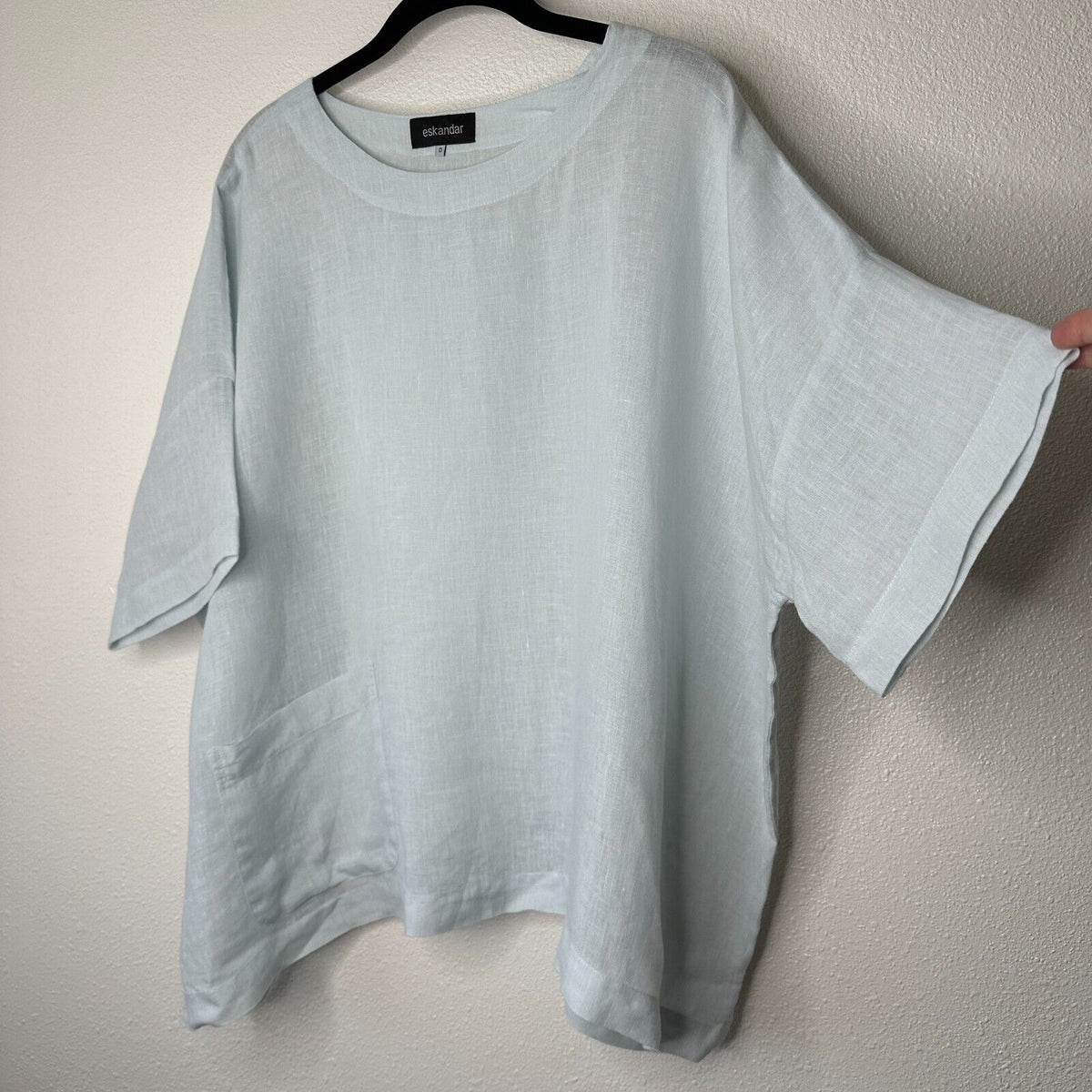 Eskandar Light Blue Boxy Linen Short Sleeve Front Pocket Round Neck Blouse Top 6