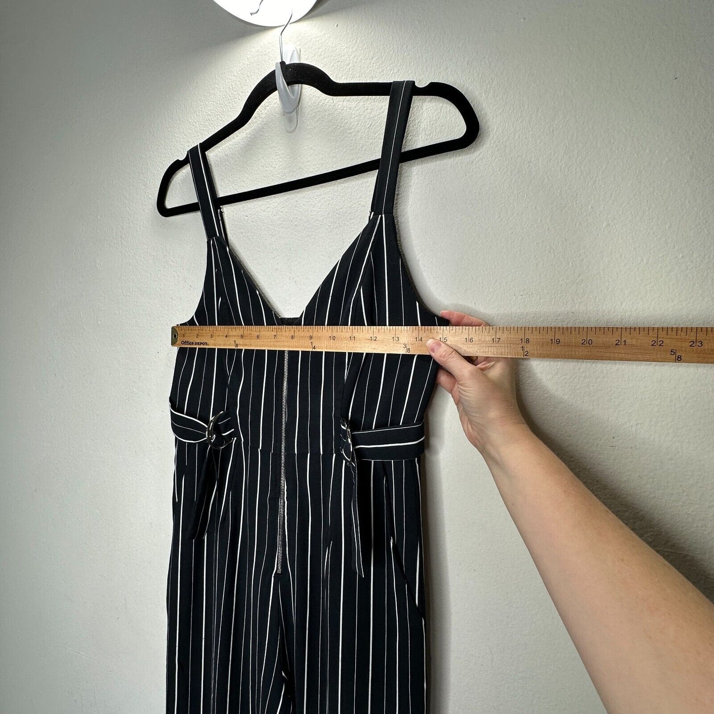 Dance & Marvel Black & White Pinstripe Cinched Sides Wide Leg Front Zip Jumpsuit