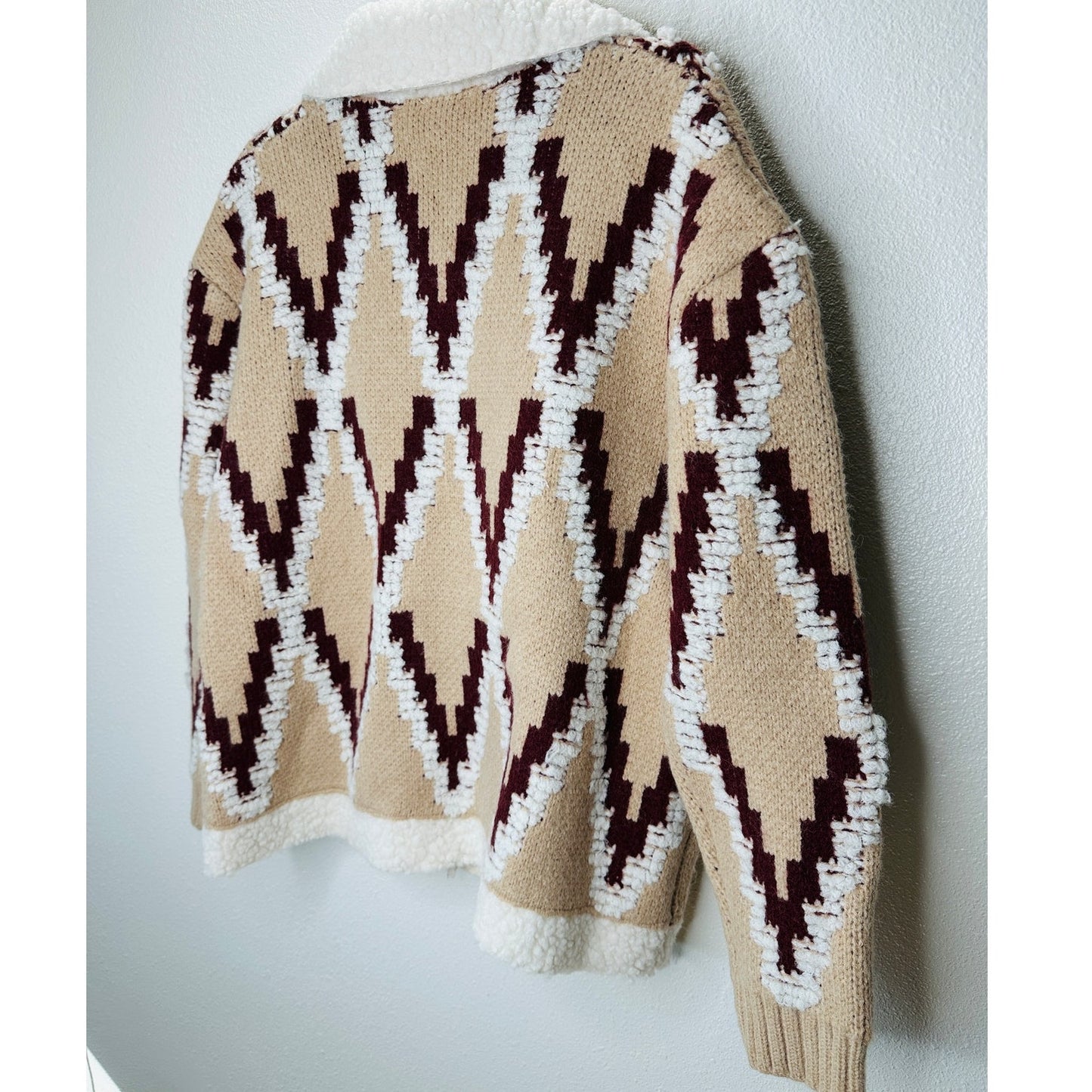 a. peach Tan Ivory Burgundy Southwest Print Button Collared Sweater Jacket S