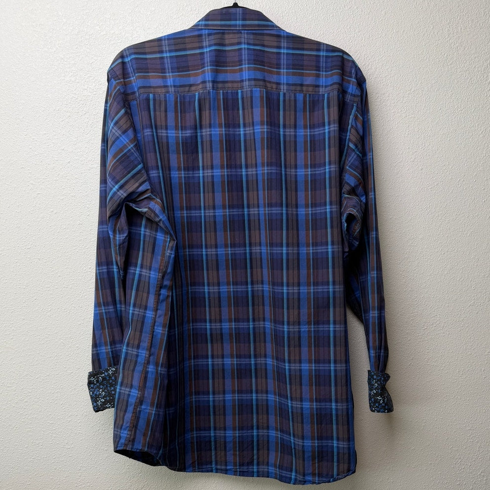Bugatchi Plaid Button Front Shirt Blue Brown Gray Men’s L