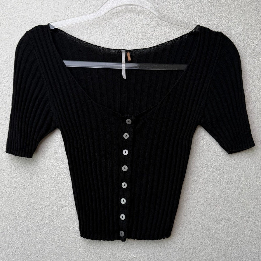 Free People Little Cutie Black Ribbed Cardigan US S