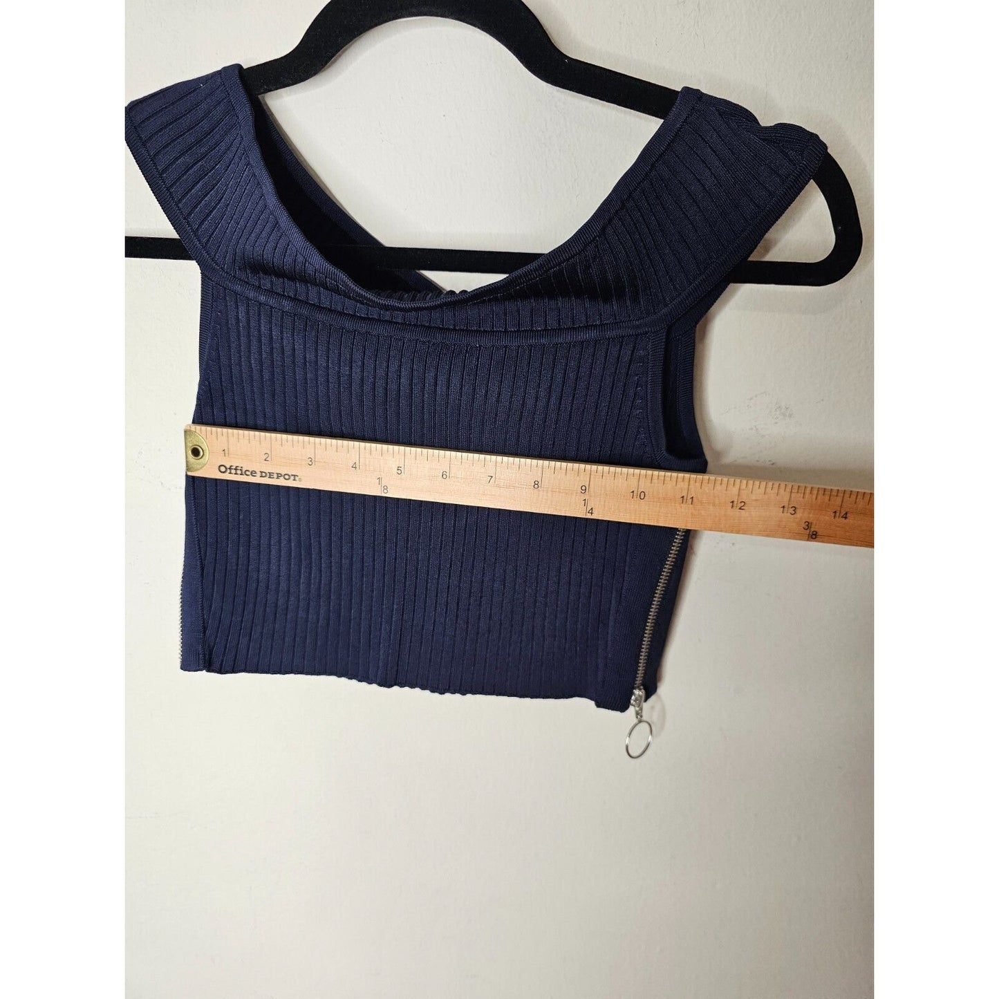 Arc Navy Blue Off Shoulder Ribbed Sweater Silver Side Zip Crop Top P S