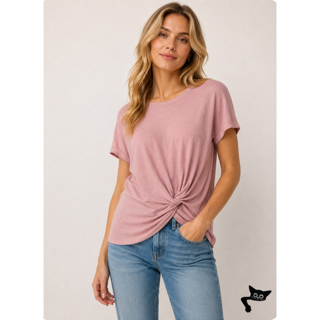 Time & Tru Pink Front-Twist Tie Short Sleeve Wide Round Neck Flowy Tunic Top L