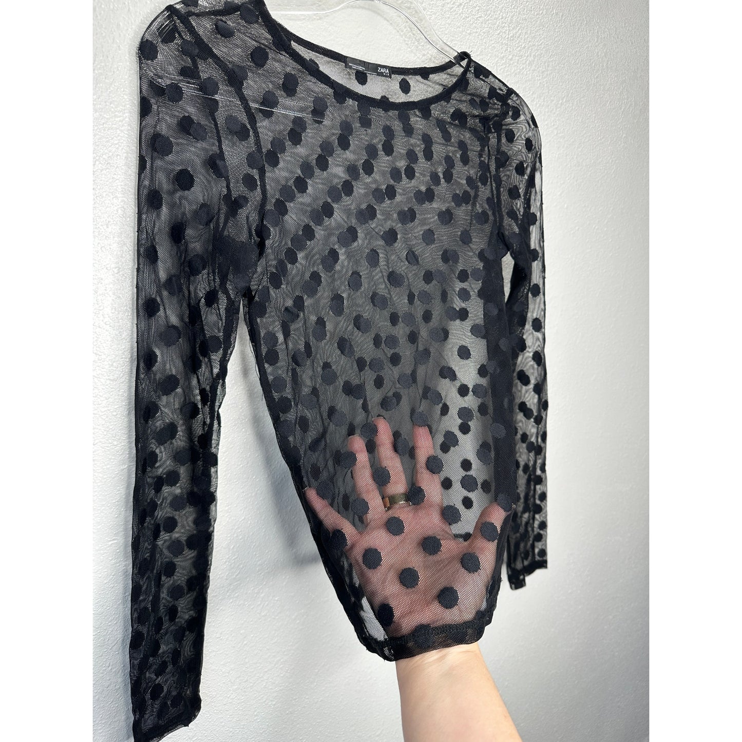 Zara Black Sheer Mesh Polka Dot Long Sleeve round Neck Top Small
