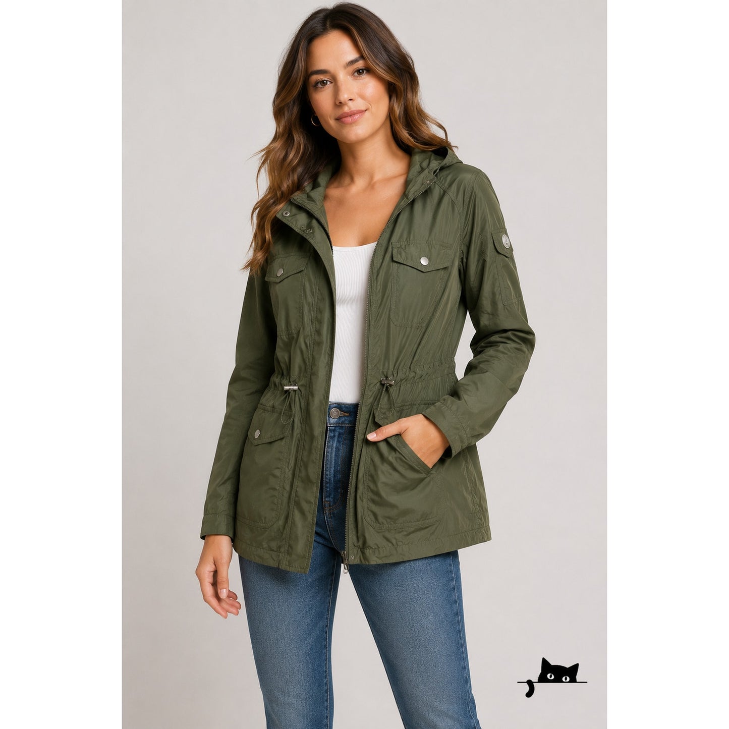 Vince Camuto Army Green Cinch Waist Zip Front Hooded Windbreaker Jacket Small