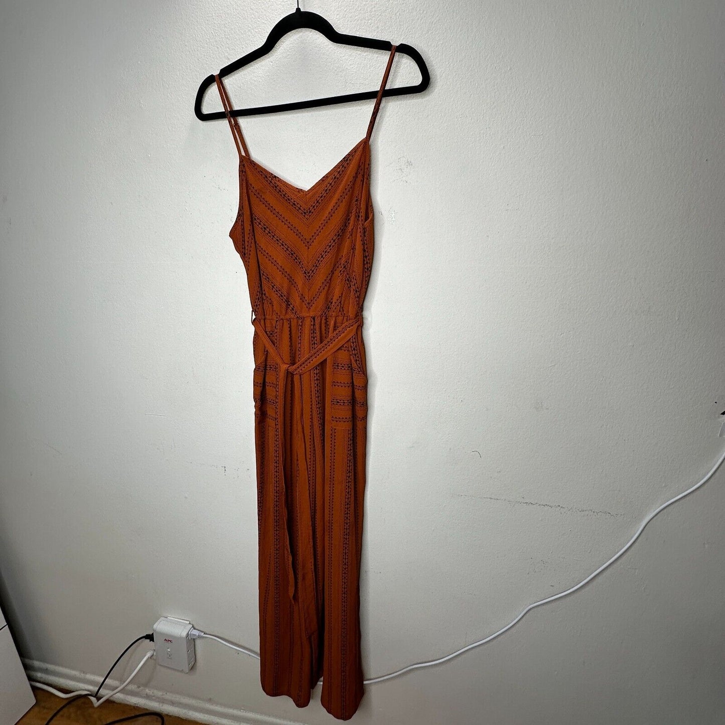 E & M Rust & Black Aztec Print V-Neck Spaghetti Strap Pockets Tie Waist Jumpsuit