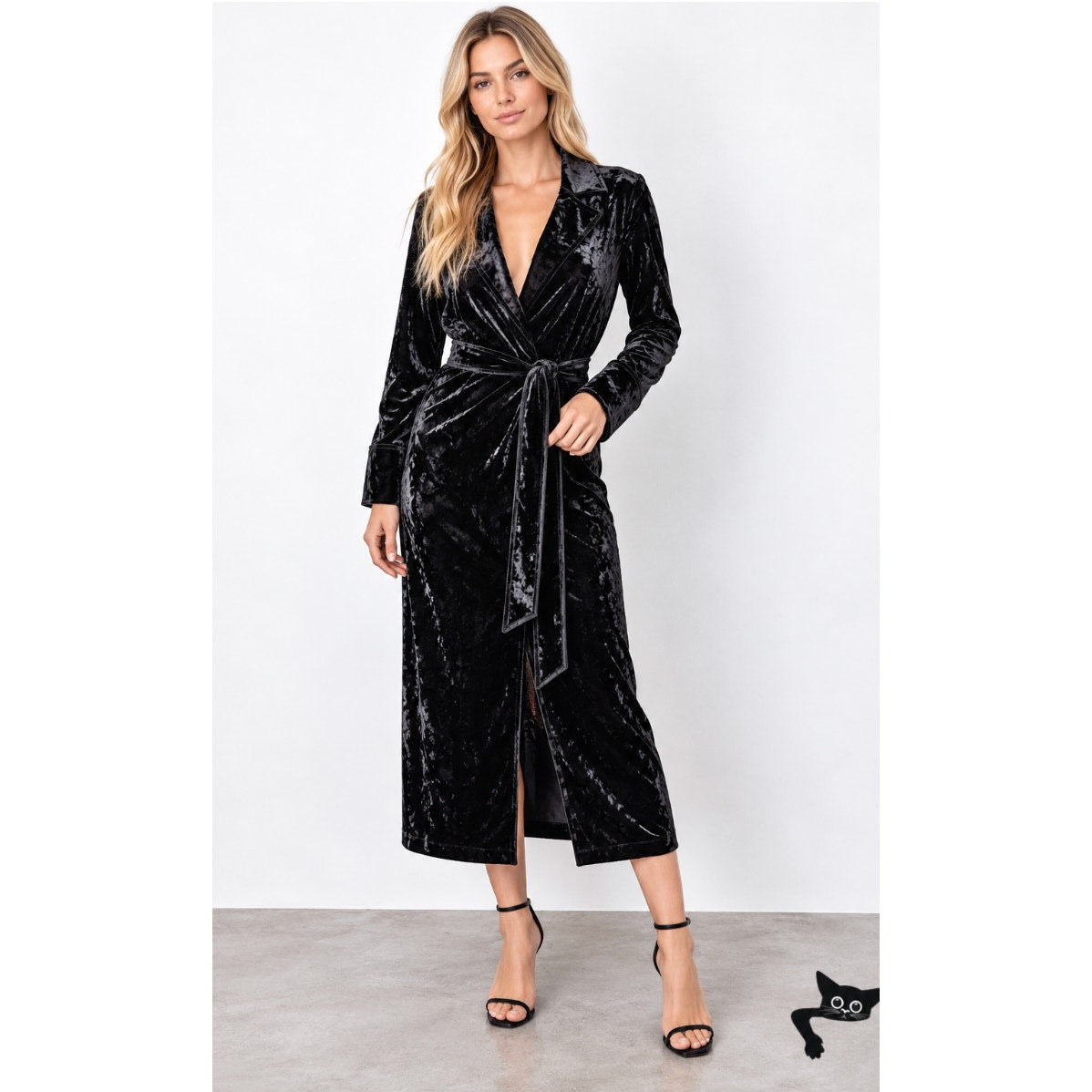 Arrive Black Velour Front Button Long Sleeve Tie Waist Midi Dress Small
