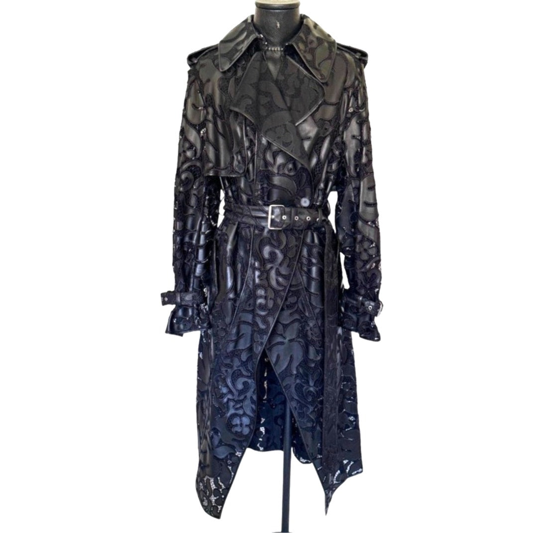 Alexander McQueen Black Leather Lace Belted Trench Coat Made in Italy 14