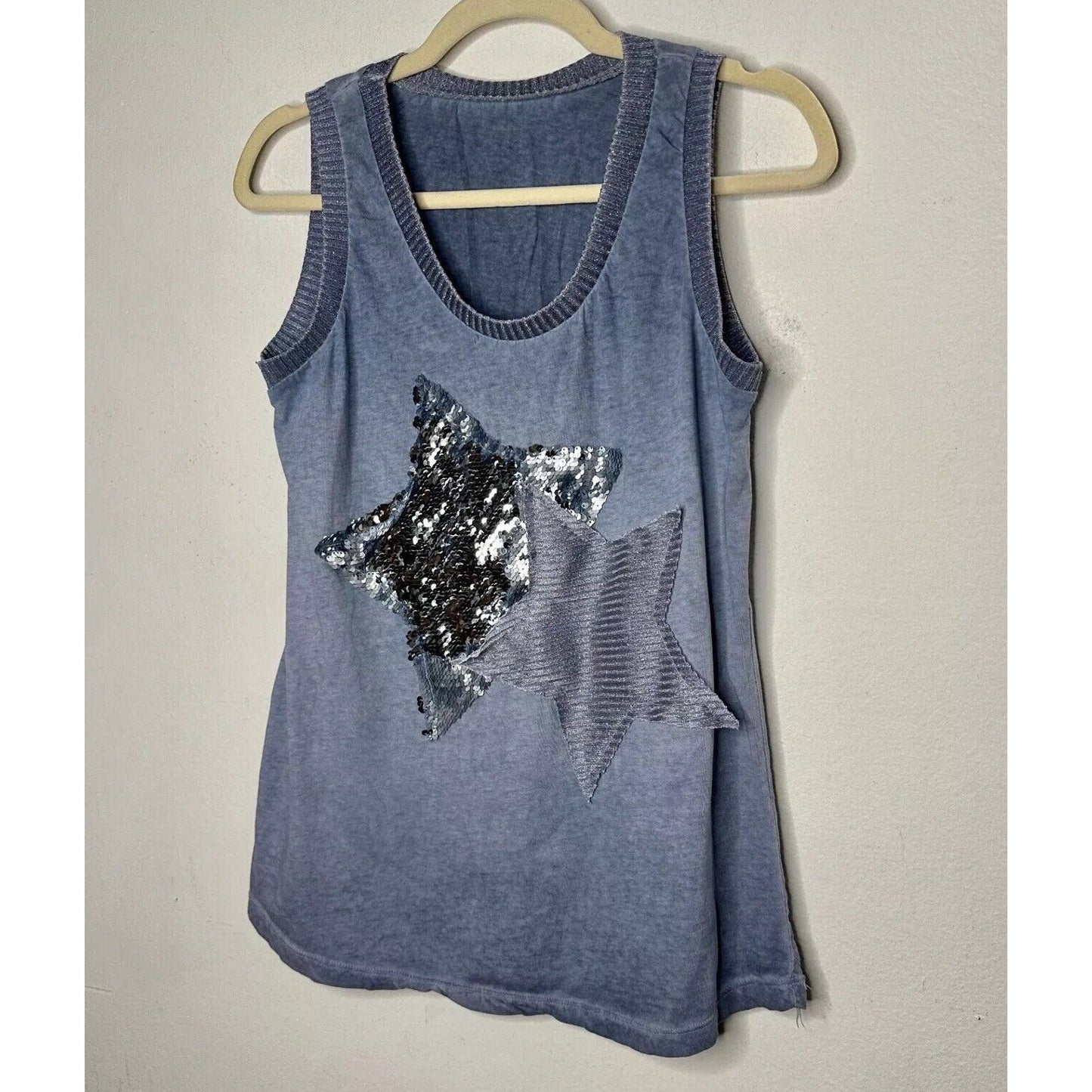 Gray Blue Knit Sleeveless Scoop Neck Tank Top 2 Stars One Silver Sequined Med