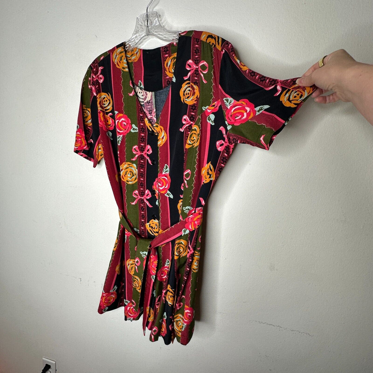 NWT RARE Vintage Dead Stock Black Green Stripe Red Rose Pink Bow Romper Medium