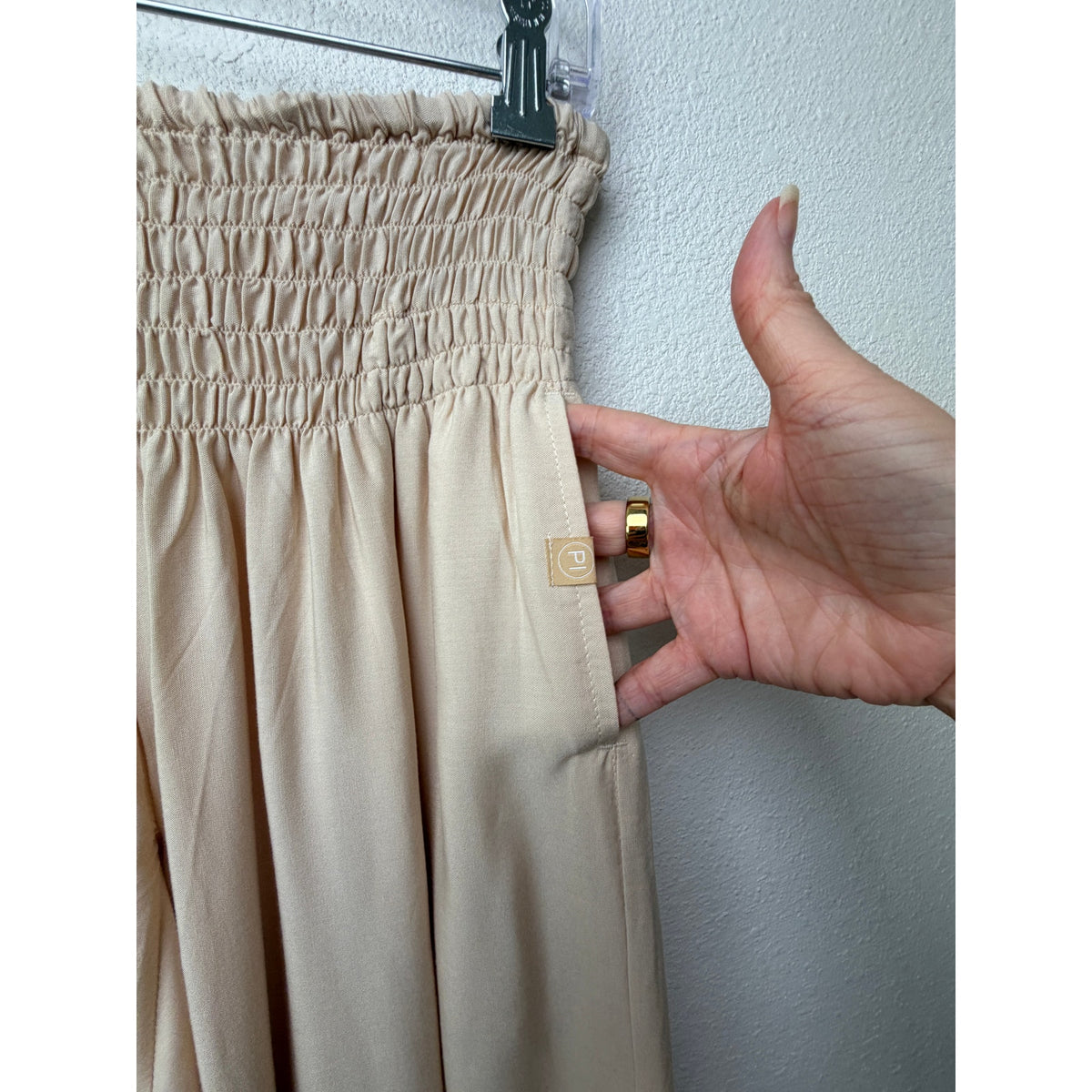 PIYOGA Beige Smocked Palazzo Pants Women US 0-12