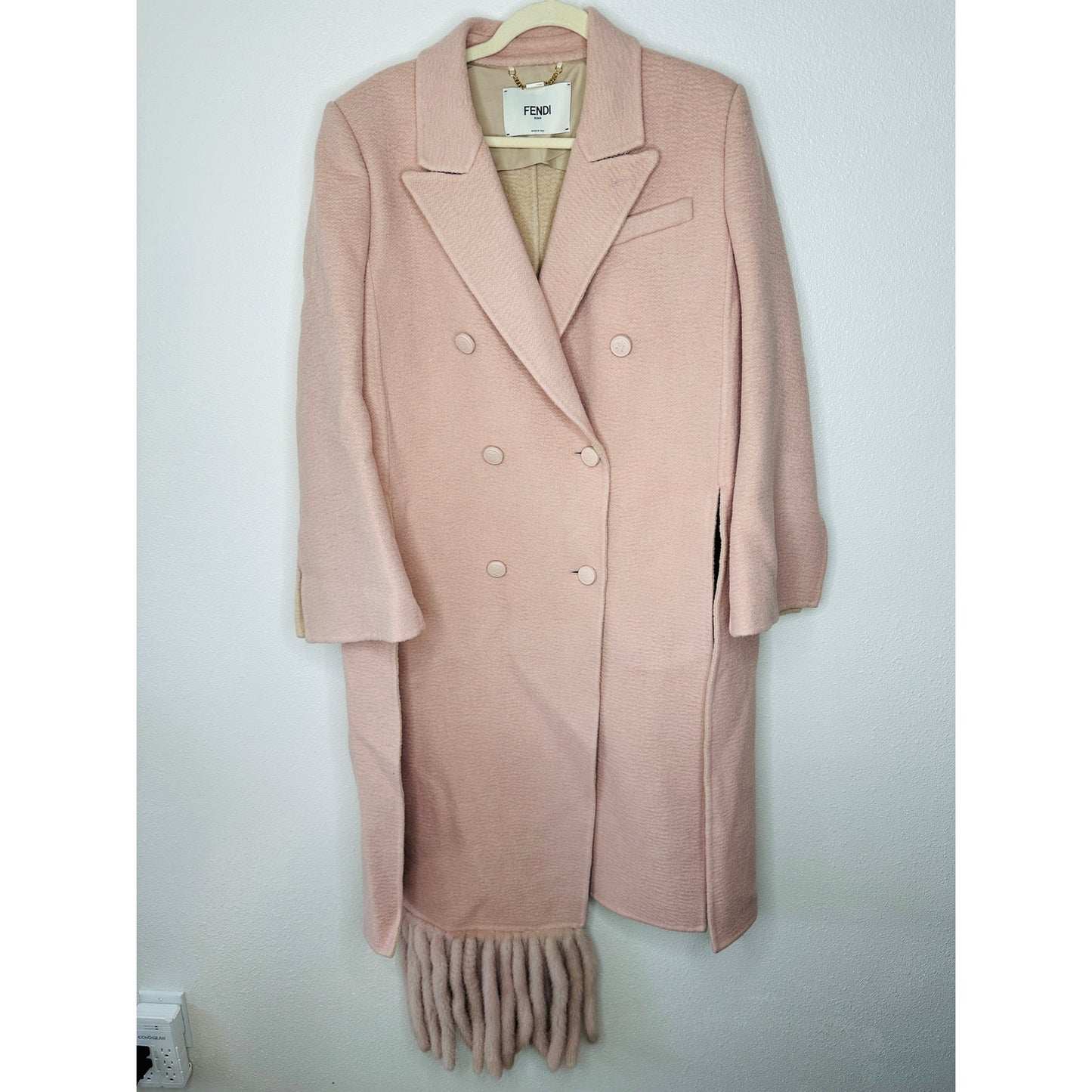 Fendi Muted Pink Button Camel Wool Pleated Sides Dangling Tassel Fringe 42