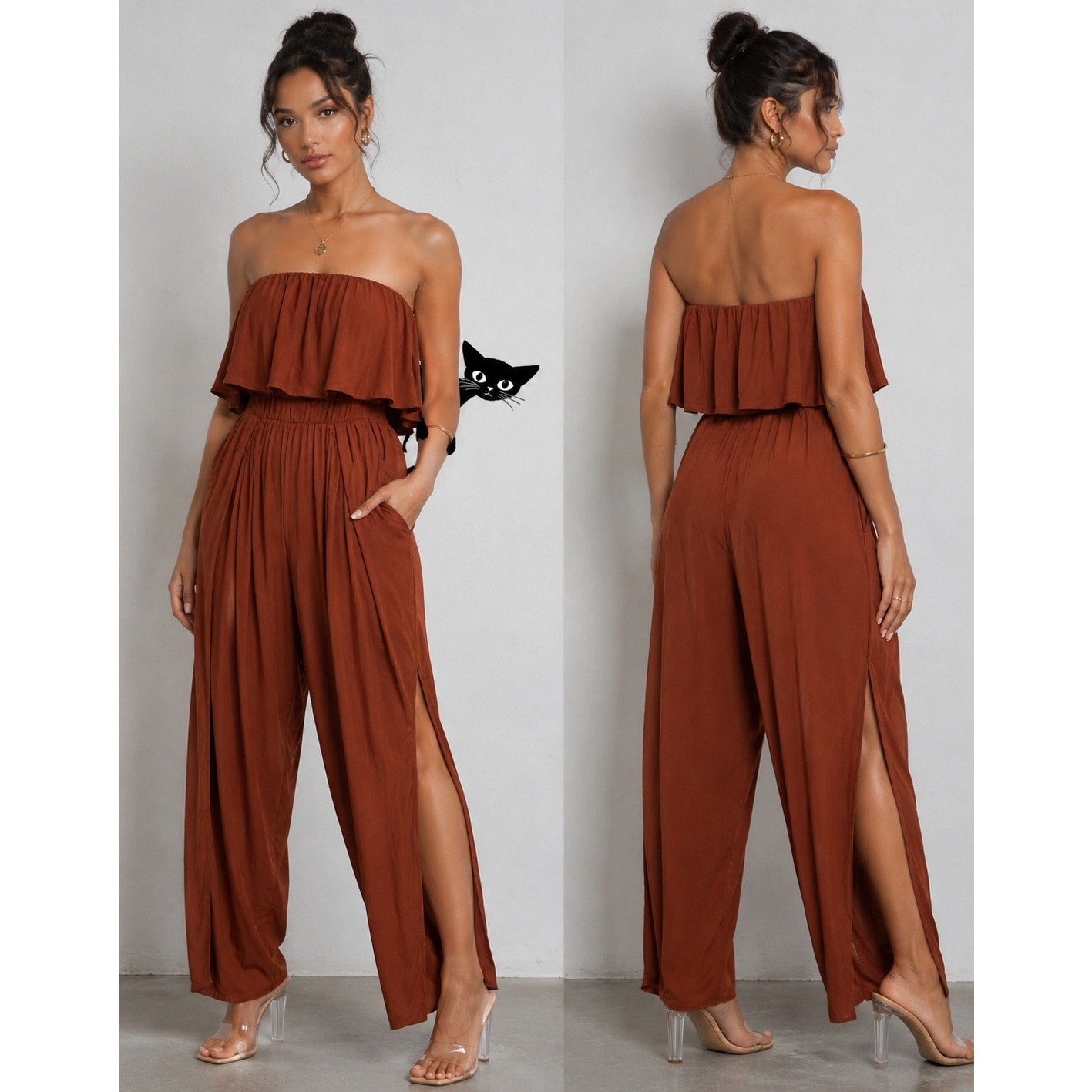 Angl Rust Bronze Brown Bandeau Ruffle Off-Shoulder Harem Slit Pant Jumpsuit SM