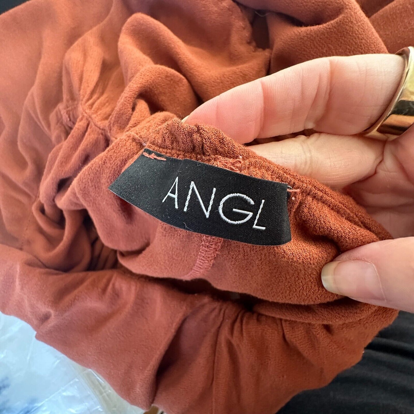 Angl Rust Bronze Brown Bandeau Ruffle Off-Shoulder Harem Slit Pant Jumpsuit SM