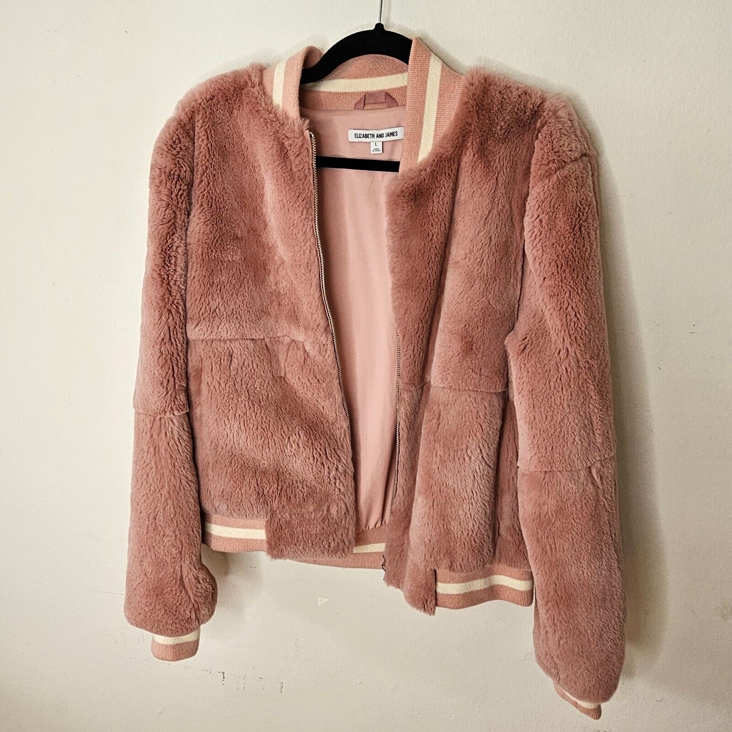 Elizabeth &James Luxe Pink Dahlia Rabbit Fur Banded Jacket Front Zip Pockets L
