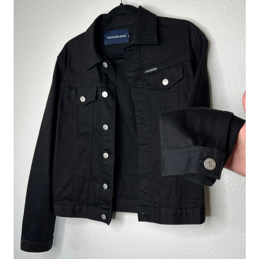 Calvin Klein Jet Black Denim Silver Button Front Collared Crop Jean Jacket M