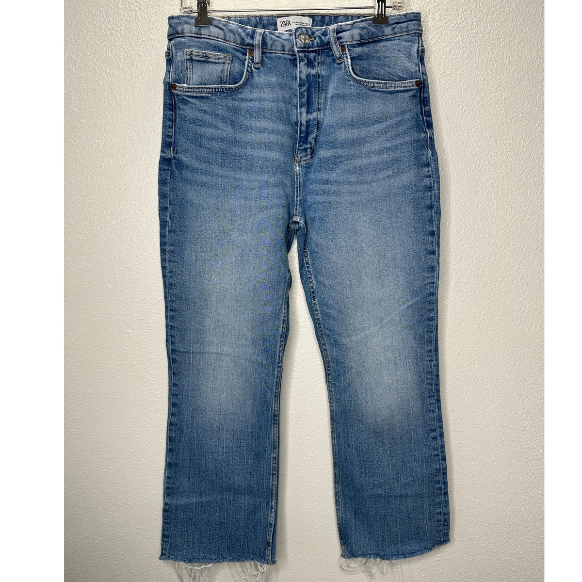 Zara Medium Light Wash Whiskered Raw Hem Mini Flare Leg Midrise Crop Jean 10