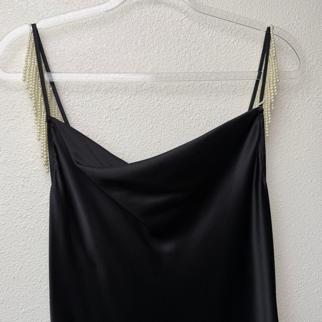 Fleur du Mal Black Silk Pearl Strap High Slit Midi Dress Size S