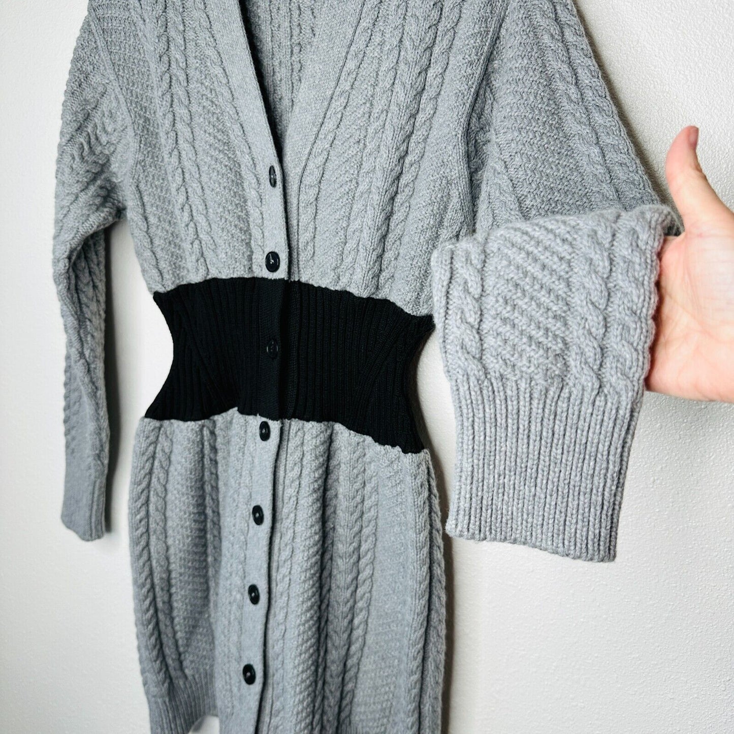 Alexander McQueen Knit Gray Cinch Waist Black Color Block V Neck Sweater Dress M